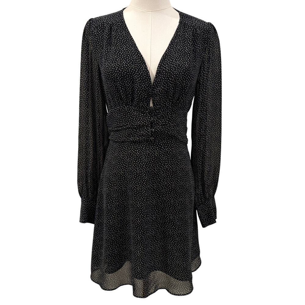 Reset by Jane Black Polka Dot Long Sleeve Mini Dress V Neck Fit  Flare Boho Fall